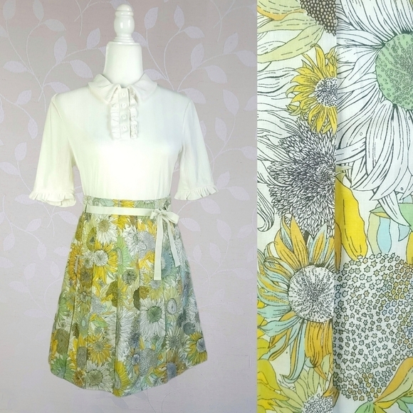 NEW J. Crew Sunflower Print Pleated Skirt Retro 60s Twee Floral Cotton Yellow 0 - Picture 16 of 16